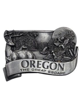 Oregon The Great Escape Belt Buckle Vintage 1984 Duck Deer Wildlife Western Wear